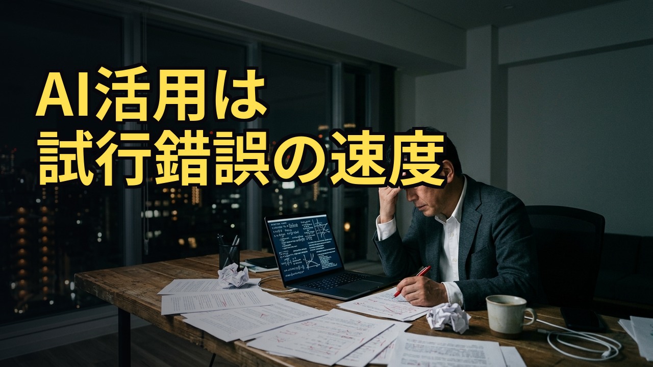 夜のオフィスで、赤字の修正が入った原稿とノートパソコンを前に考え込む経営者の写真。見出しは「AI活用は試行錯誤の速度」