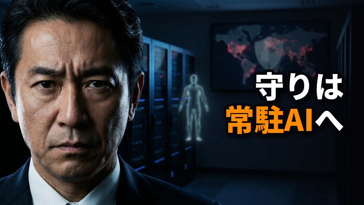 サーバールームの前で、スーツ姿の経営者が厳しい表情で前を見つめる写真。背後に光る人型のシルエットと世界地図。見出しは「守りは 常駐AIへ」